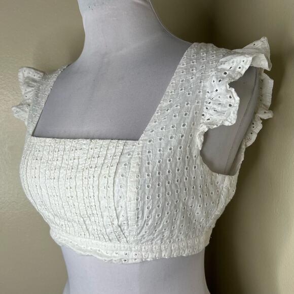 MINKPINK Celestial Crop Top MEDIUM White Eyelet Lace Cutout Tie Back Flutter - Picture 6 of 11